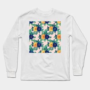 Pretty Blue Yellow floral and foliage pink Design Long Sleeve T-Shirt